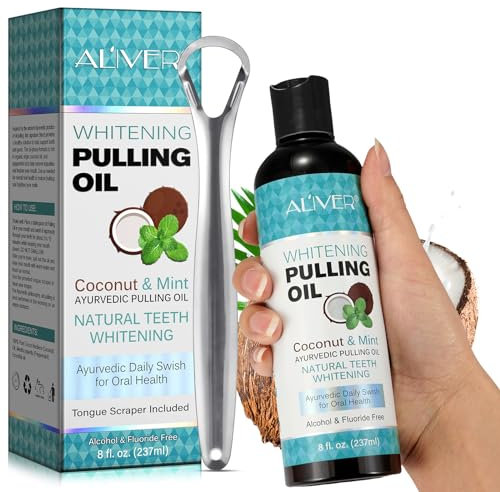 Olio di Cocco per Denti 237ml, Pulling Oil, Olio Tirante con Raschietto Per La Lingua, Rinfresca l'alito Elimina l'alito Cattivo Sbianca i Denti e Gengive Più Sane, Senza alcol