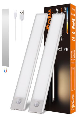 CybaaLuxz 30CM Magnetische Schranklampe mit Bewegungsmelder, 2200mAh Kabellose LED Unterbauleuchte, 3000K/4000K/6500K Farbtemperatur, Dimmbar, Ideal für Küche, Schrank, Vitrine, 2 Stück