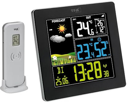 TFA Dostmann Stazione meteo con sensore esterno SUN2 digitale, 35.1174, per temperatura interna ed esterna, ampio display a colori, con clima interno, incluso orologio radiocontrollato con data