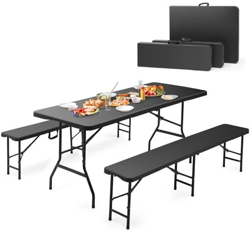 Sekey Bierzeltgarnitur Klappbar Kunststoff | Tisch + 2 x Bierbank mit Tragegriffe Gartenmöbel Set | 180cm Festzeltgarnitur für drinnen - draußen | Biertisch Set Garten (Schwarz)