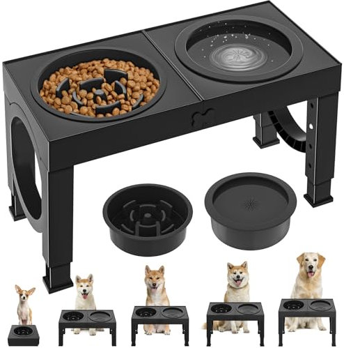 Aystkniet Raised Dog Bowls with Slow Feeder Bowls and Non Spill Water Bowl, Height Adjustable Bowl Stand 23cm/27cm/31cm/35cm, Elevated Dog Bowls, Dog feeding station