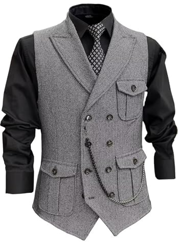 RUNTINGJIA Men's Tweed Vest Double Breasted Formal Herringbone Waistcoat with Pockets