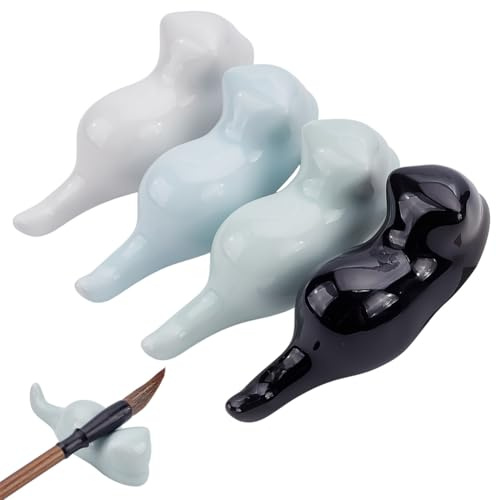 WEBEEDY 4 Colors Cat Ceramic Brush Rest Holder, Cute Cat Shape Paint Brush Stand Holder for Calligraphy Writing Chinese Painting Chopsticks Sumi Brushes, Cute Desk Pen Stand Decor, 9.5x2.7x3.3 cm