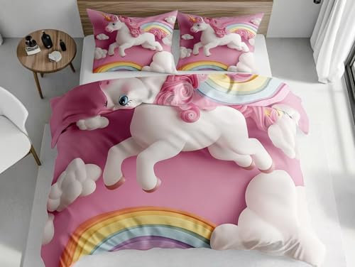 SKOEUI Bettwäsche 200x200 cm Cartoon-Einhorn Bettbezüge Microfaser Bettwäsche Weich Flauschige Deckenbezug mit Kissenbezug 80x80cm für Allergiker Geeignet, Rosa
