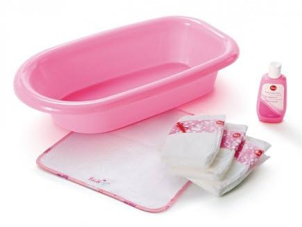Coffret Bain : 1 Baignoire Rose 39 x 8 x 22 cm (lxlxh) pour poupée + 3 Couches et 1 Serviette - Set 5 Accessoires Poupon et Une Carte Animal