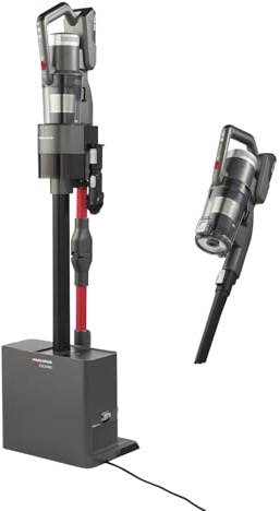 Morphy Richards MRXSTICKPRO Intelliclean Cordless Vacuum Cleaner, 3L Self Empty Station, Flexible, Lightweight, Anti Hair Wrap, HEPA Filter, Multi-Filtration Cyclone, Pet Multi Surface Tools, Grey/Red
