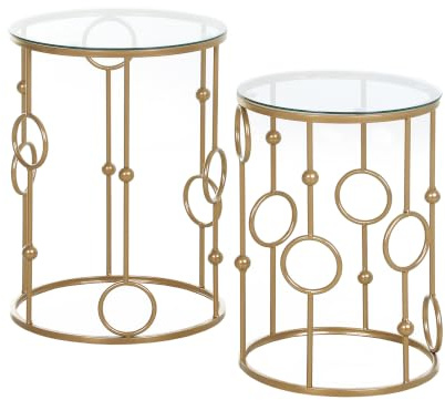HOMCOM 2er-Set Couchtisch Beistelltisch mit Glasplatte Ø41 x 57 cm Gold | Wohnzimmertisch mit Reifen- und Kugeldesign, Sofatisch für Wohnzimmer, Schlafzimmer, Flur