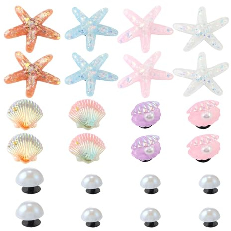 Ensemble de 24pièces Décorations de Plage pour l'été Charmes de Chaussure,Etoile de mer 3D,Charmes de Chaussure,Coquillages Colorés,Perles Blanches,Perles blanches