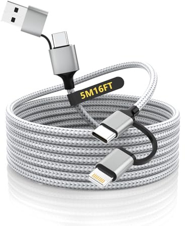 Quanlex Extra Long iPhone Charger Cable 5M, MFi Certified 4-in-1 Cable 15FT Braided Charging Cord 60W Fast USB-C and Lightning Multi Lightning/Type C/USB A for iPhone 16/15, iPad, Android