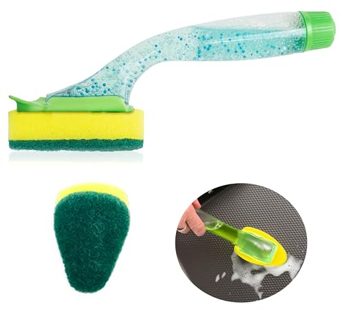 Soap Dispensing Washing Up Scrubber – Plastic Handle with Attached Sponge & Scouring Pad, Easy Liquid Dispensing for Effortless Dishwashing, Handheld Scrubber for Kitchen Cleaning