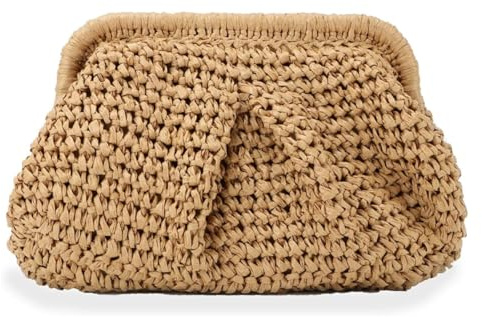 Durlo Bolso de mano de paja para mujer, tipo sobre, tejido tipo nube, tipo bandolera, para playa, verano, color camello