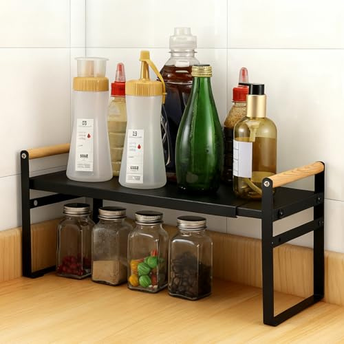 Littlecatch Expandable Shelf Organiser, Spice Rack kitchen Cupboard Shelf Organiser, Riser for Pantry Kitchen Storage and Spice Rack， Fitted with Non-slip Pads, Adjustable 35-60cm (Black)