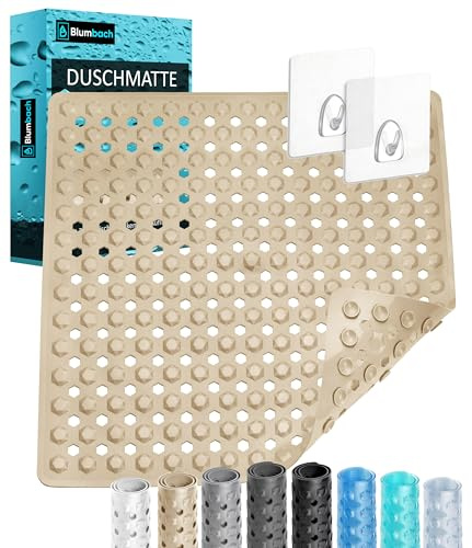 Blumbach® Duschmatte rutschfest 53x53cm - Inkl. 2 Haken zum Aufhängen | 100% BPA-frei, griffige Antirutschmatte Dusche, Badewannenmatte schimmelresistent, Duscheinlage Rutschmatte maschinenwaschbar