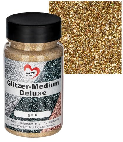 Ideen mit Herz Glitzer-Medium Deluxe | flüssiger Glimmer zum Pinseln, Spachteln, Tupfen | transparenter Glitzer-Lack | auf Wasserbasis | 90ml (gold)