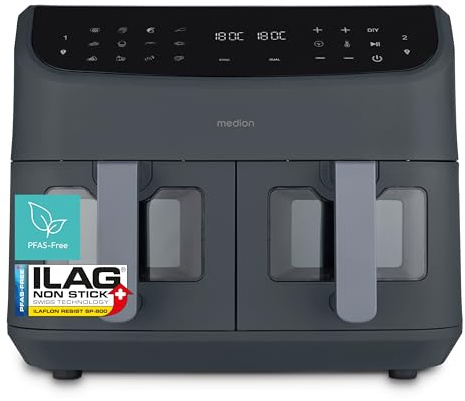 MEDION P20 XXL Freidora de Aire Doble Cesta MD11760 Gris Mate | 8,7 L, 2600 W, 10 Programas, 2 Cajones, Ventana, Air Fryer Dual XXL