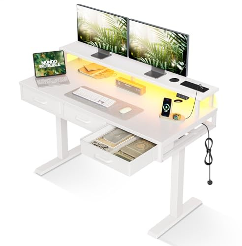 OffiGo Standing Desk, 120cm Electric Height Adjustable Desk with Sockets & 2 USB Ports, Stand Up Table with 3 Drawers and Monitor Stand, White