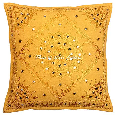 Stylo Culture Ethnicas Funda Almohadon Decorativos 60x60 cm Algodón Espejado Fundas para Almohadones Silla Amarillo Mango 24x24 Inch Bordado Cuadrado sobre Fundas para Cojines Cama - 1 Pc