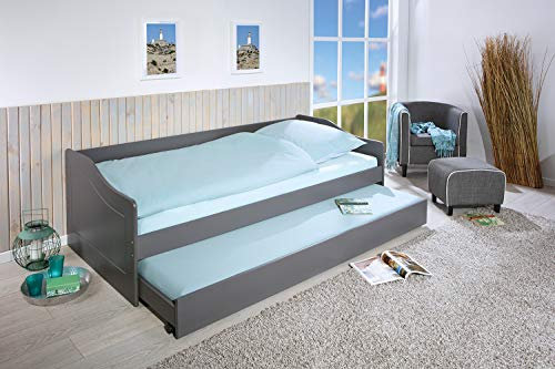 Inter Link - Funktionsbett - Kinderbett - Einzelbett mit Stauraum - Bett mit Schubladen - 2 Liegeflächen 90x200cm - Kiefer Massivholz - ohne Lattenrost - Farbe grau - Bett Malte