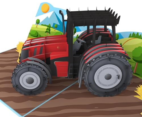 LIMAH® Pop-up Geburtstagskarte Traktor für Mann/Junge/Kinder - Karte zum Geburtstag gut kombinierbar mit einem Gutschein oder Geldgeschenk - Motiv roter Trecker mit Weizenbündel