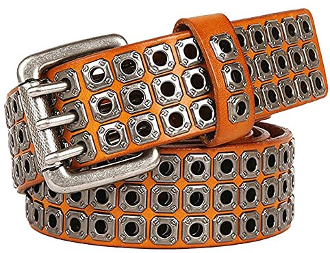 Nietengürtel im versch Farben Leder Gürtel Nieten mit 3er-Lochnieten, Ösen und Dornschließe für Damen und Herren,Braun,110cm(36~38)