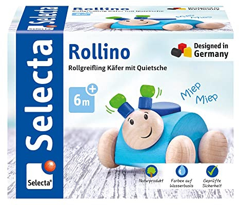 Rollino, 61073 blau, Greifling mit Quietsche aus Holz, 7,5 cm ,