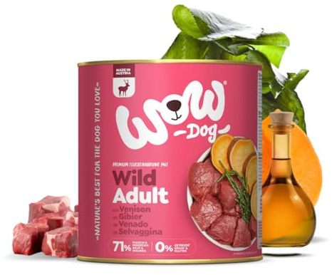 WOW Nourriture humide pour chien adulte avec gibier, 6 x 800 g, nourriture humide riche pour chiens adultes de toutes races I Qualité supérieure avec beaucoup de viande, d'algues marines et patates