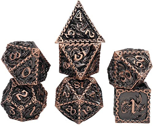World of Dice - Draco Serie - Pen & Paper Metallwürfelset, Würfelset für Dungeons and Dragons (D&D), DSA, 7 Würfel, W4 bis W20, Drachen, Kupfer