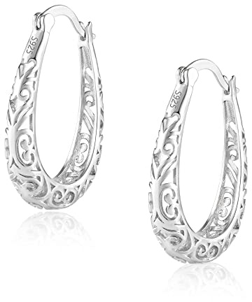 Boucles d'oreilles en argent 925 pour femme, Boucles d'oreilles créoles ovales creuses hypoallergéniques en filigrane pour dames femmescadeaux