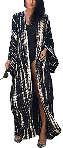 YouKD maxi-kimono-klänning, boho-cardigan, morgonrockar, strandtäckningar, bikini-badrockar, Esvart, en storlek
