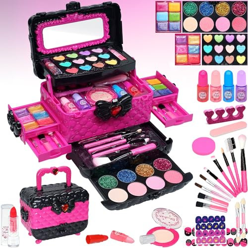 Kinderschminke Set Mädchen Schminkkoffer Kinder- Sicheres und Waschbares Schminke Kinder, Echtes Make Up Set , Prinzessin Geschenke für Mädchen 4 5 6-12 Jahre(Rose)