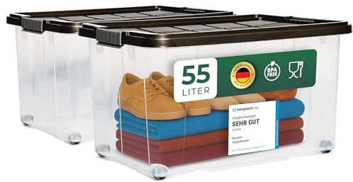 Novaliv 2x Aufbewahrungsboxen mit Deckel Groß 55L Anthrazit Nestbar stapelbar mit Clipverschluss Rollboxen Kunststoff BPA-frei 61x40x32,5 cm