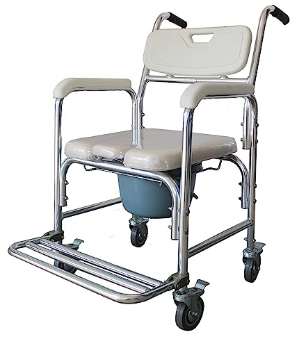 4-in-1 Bedside Commode Chair, Shower Wheelchair Portable Toilet Rolling Transport Chair with Arms & 4 Brakes,Portable Toilet for Adults, Senior, Handicap,Elderly and Disabled,Weight Capacity 300lbs