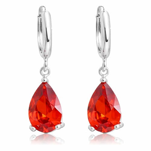 LÖB Damen Creolen mit Zirkonia Stein Tropfen-Anhänger Oval Ohrringe Hängend Ohrhänger Silber Rubin Rot Vergoldet Tropfenform Tropfenohrringe