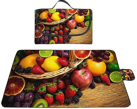 Picknickdecke 200x200cm,XXL Picknickdecke mit Wasserdichter Unterseite,Outdoor Stranddecke Sandfrei,mit Tragegriff Picnic Blanket für Camping,Strand,Familie,Konzerte Erdbeere Weintraube Frucht