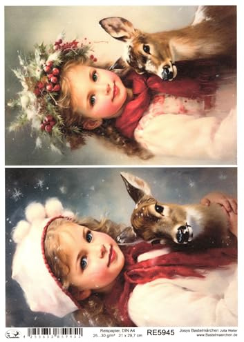 Josys Bastelmärchen Reispapier A4 Strohseide Weihnachten Vintage Engel Engelchen Kind Rehkitz RE5945