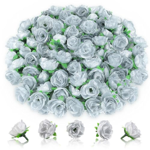 AWARDSEN Silberfarbene Rosen, künstliche Seidenrosen, Großpackung, künstliche Silberrosen, Köpfe zum Basteln, Silberrosen für Tafelaufsätze, DIY-Dekorationen, 100 Stück