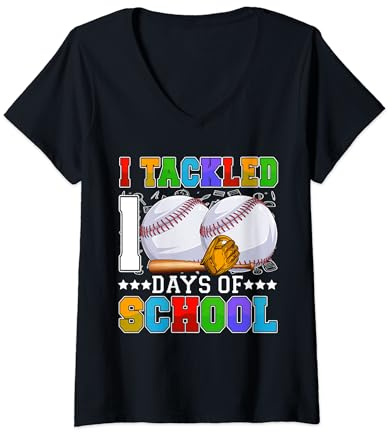 I Tackled 100 Days Of School Baseball Balls Bat & Helmet Boy V-Neck T-Shirt