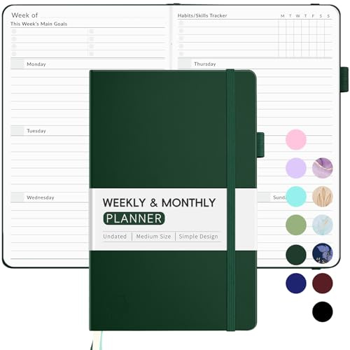 Forvencer Undated Planner, Weekly Monthly Calendar Planner, Dark Green, A5
