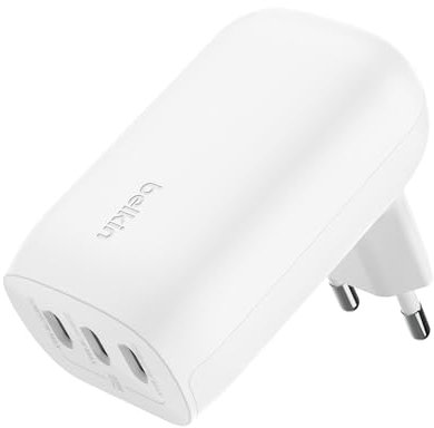 Belkin BoostCharge Caricabatteria da parete a 3 porte USB-C con PPS da 67 W, caricabatteria rapido per iPhone 16, MacBook Pro, AirPods, Samsung Galaxy e altri dispositivi con Power Delivery - Bianco