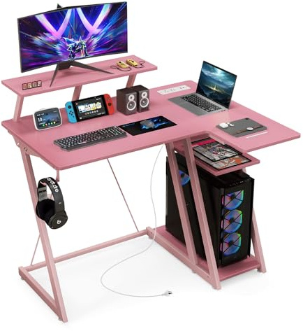 Tangkula L-förmiger Gaming-Schreibtisch mit Steckdosen, Kleiner Gaming-Computertisch 99,1 cm mit Ablage, Eckschreibtisch mit Kohlefaser-Textur, Gamer-Schreibtisch, Gaming-Tisch (Rosa)