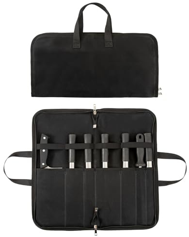 Chefs Knife Roll Bag, 16OZ Waxed Canvas Knife Bag, Portable 7 Slots Knife Case, Multi-Function Cutlery Knives Pouch Holder Knife Wrap Wallet Storage Bag for Home Kitchen Traveling Camping (Black)