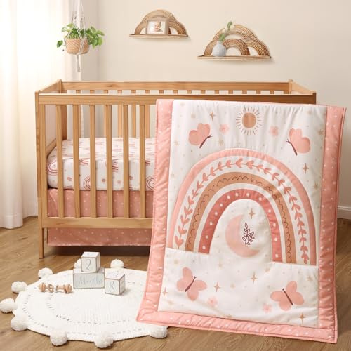 The Peanutshell 3 Piece Baby Crib Bedding Set for Girls - Newborn, Infant & Toddler Nursery Bed Set Decor with Fitted Crib Sheet, Dust Ruffle, Crib Comforter - Boho Rainbow