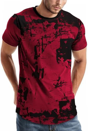 comefohome T Shirt Herren Baumwolle Sommer Kurzarm T Shirt Casual Hip Hop Graffiti Tee Tshirt Rot S