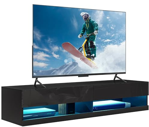 HOMCOM Meuble TV Banc TV Mural Suspendu LED contrôle Via Application, Style Contemporain - placards avec 2 Portes battantes et 2 Passe-câbles - en Bois dim. 150L x 40l x 30H cm Noir laqué