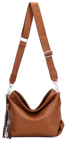 ITALYSHOP24 Damen Tasche Shopper Hobo Bags Crossbody Schultertasche Umhängetasche Handtasche Gürteltasche Crossover Kunst Leder Cognac V1