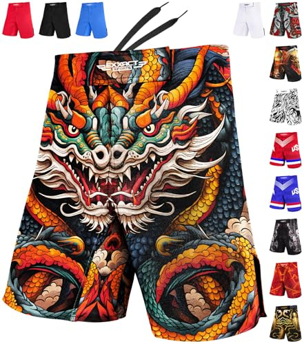 Exxact Sports Pro MMA Shorts, No-Gi BJJ Jiu Jitsu Shorts for Men, Boxing, UFC, Cross Training, Kickboxing & Grappling Shorts (Dragon, Adult Small)