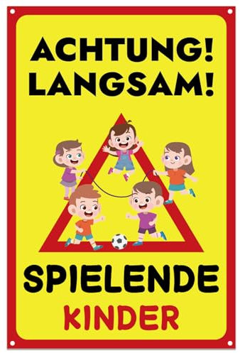 Achtung Kinder Schild, 30 x 20 cm Achtung Spielende Kinder mit UV Schutz, PVC Kunststoff Warnschild Bitte Langsam Fahren mit Bohrlöcher für Außenbereich Innenbereich