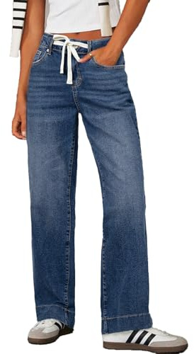 Sidefeel Women's Drawstring Straight Leg Western Outfit High Waisted Wide Leg Denim Pants Dark Blue Size 12