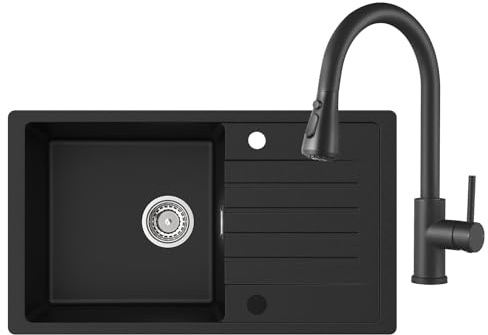 CECIPA Fregadero Negro 78x45 cm con Grifo Extensible, Fregadero de Granito Reversible con Sistema de Salida y Rebosadero, 1 Lavabo Fregadero de Cocina Integrable a partir de 60 cm de Ancho de Armario