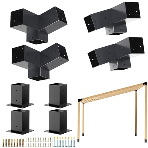 Grehitk Pergola Kit, Slanted Roof Pergola Bracket, 3-Way Brackets with Post Base Kit, Log Cabin Outdoor 4x 4 (Actual 3.5 X 3.5) Lumber